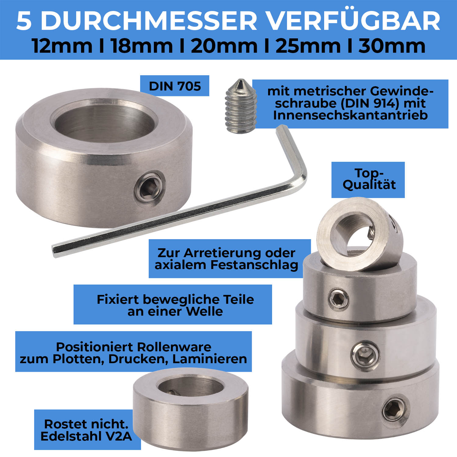 Edelstahl-Stellring Geteilt A4 – Innendurchmesser 12 Mm, Für Wellen (rostfrei 1.4401)